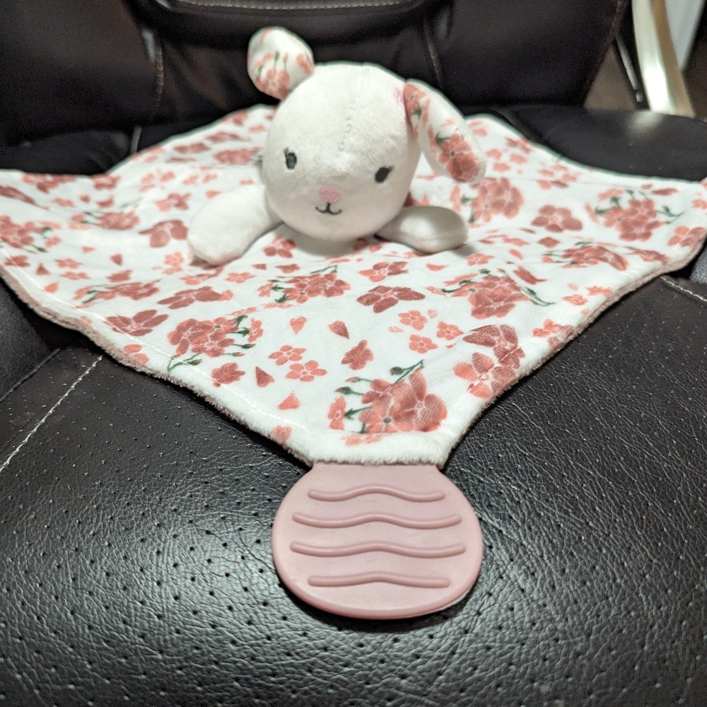 .  Modern Baby Lovey with Bunny Head, rattle and teethers.